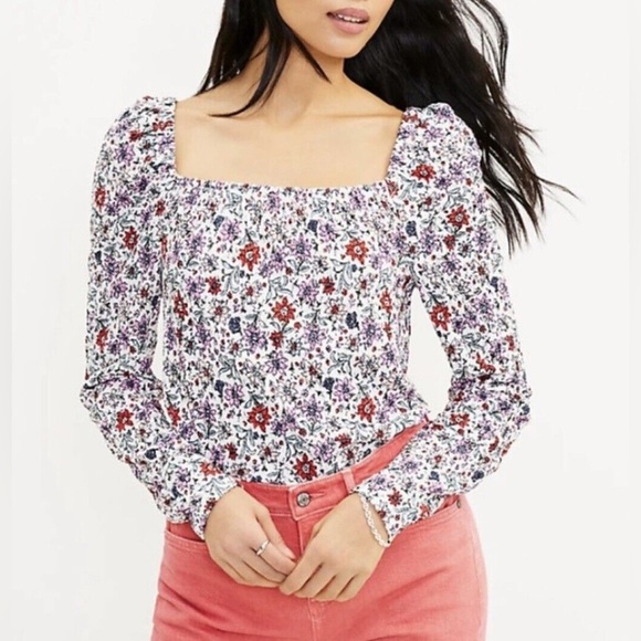 LOFT Bloom Smocked Square Neck Top Long Sleeves Size Small NWTs - Picture 1 of 5